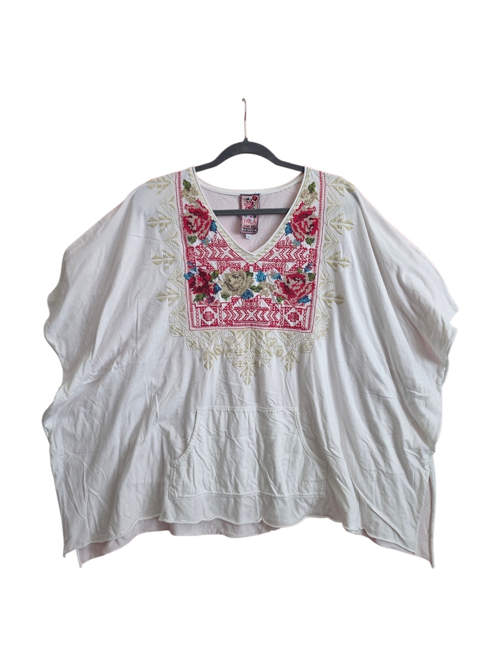 Johnny Was White Embroidered V-Neck Tunic with Pink & Green Floral Yoke